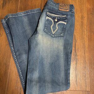 Cowgirl Up Jeans Women 31 Blue Embroidered Bootcut Mid Dont Fence Me in 10/31x34